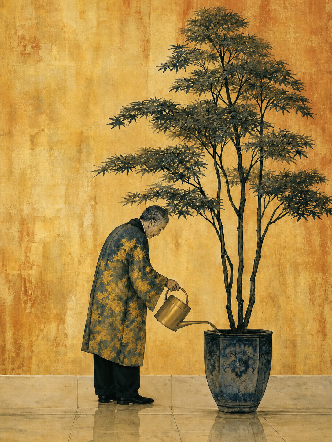 Tableau japonais Jardinier et érable - Rituel zen fond doré