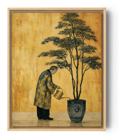 Japanische Kunst: Gärtner mit Ahornbaum auf goldener Fläche, ruhige Zen-Wanddeko