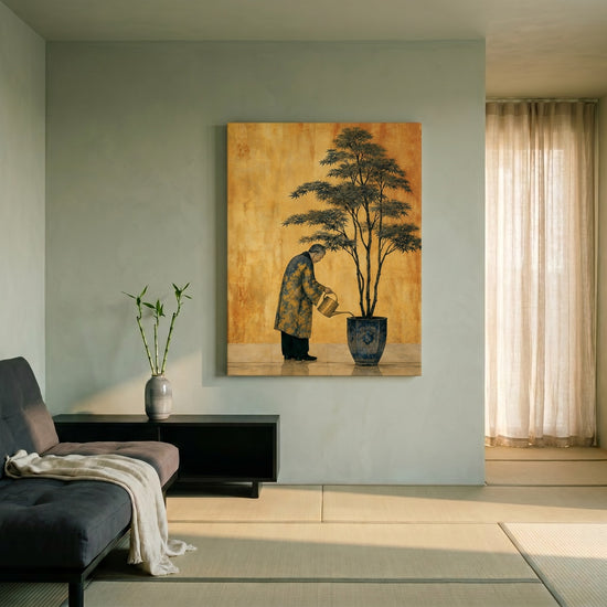 Tableau japonais jardinier arrosant érable sur fond doré pour décoration murale zen salon moderne