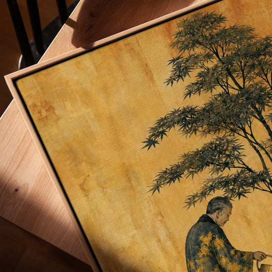 Tableau japonais jardinier arrosant érable fond doré style zen decoration salon cadre chêne