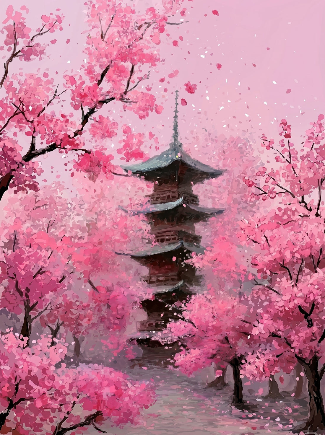 Tableau Japonais pagode traditionnelle - Tempête de fleurs de cerisier roses