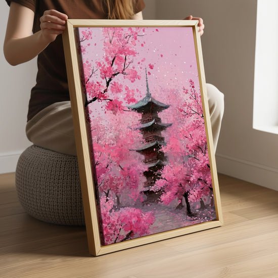 Tableau japonais pagode et cerisiers roses pour décoration murale salon zen ambiance apaisante