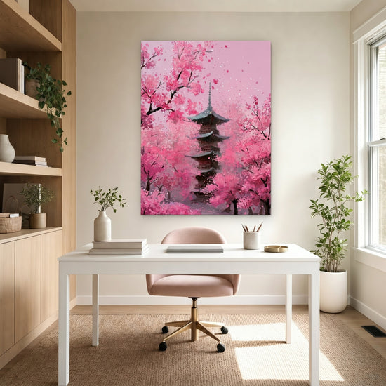 Tableau japonais pagode et cerisiers en fleurs roses dans salon zen décoration murale