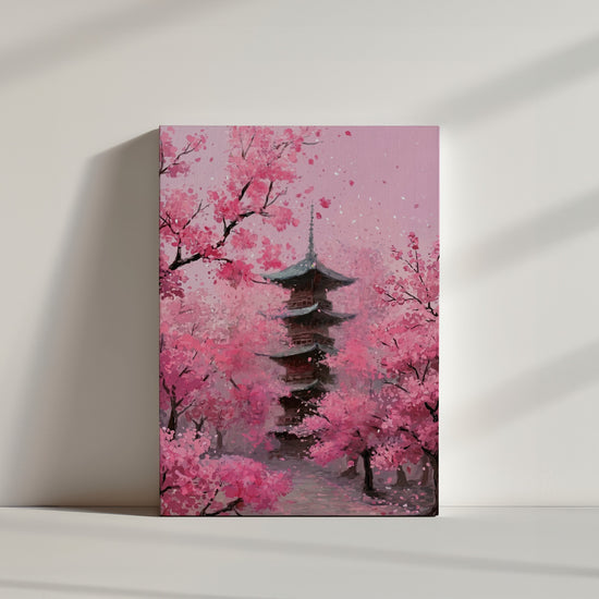 Tableau japonais pagode et cerisiers roses sur toile texturée dans ambiance minimaliste blanche