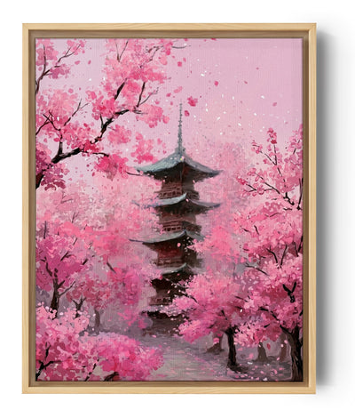 Wandbild japanische Pagode unter Kirschblüten, Zen-Deko, Kunst für Wohnzimmer