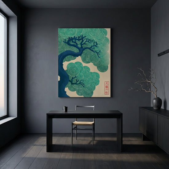 Tableau japonais pin stylisé spirales vertes bleu marine estampe zen décoration salon moderne