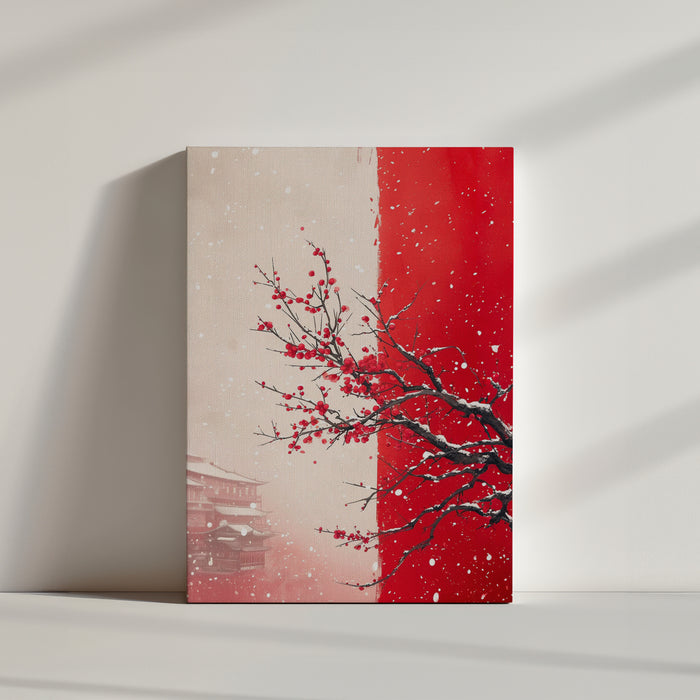 Tableau traditionnel japonais avec sakura rouge et paysage hivernal estompé