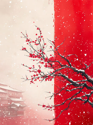 Traditional Japanese painting with red sakura and subtle winter landscape