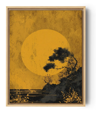 Japanische Kunst für die Wand – Kiefer vor goldener Sonne, asiatischer Holzschnitt-Look