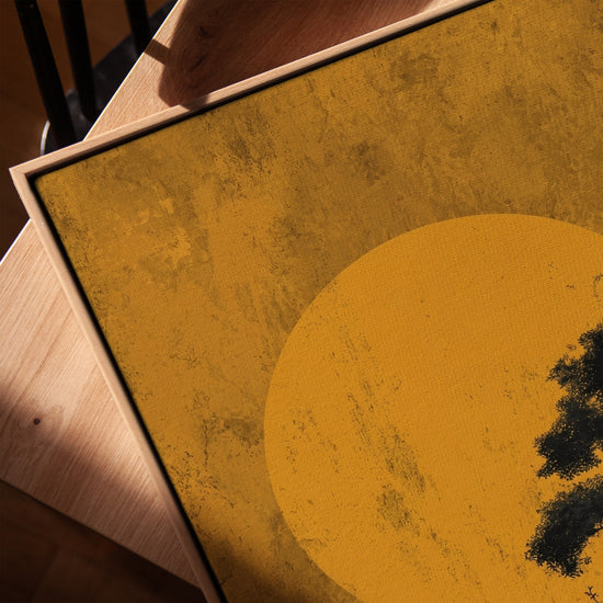 Modern living room wall art, Japanese golden sun and pine in oak frame