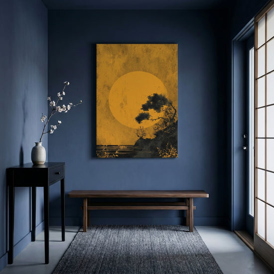 Zen twilight Japanese artwork with burnished golden sun and wind-swept pine