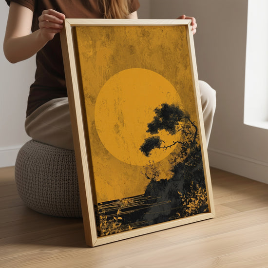Minimalist Japanese zen wall decor with pine silhouette against a golden sun