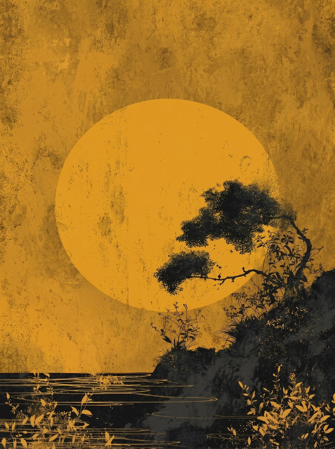 Japanese Wall Art: Golden Sun & Pine – Zen Wabi-Sabi Twilight