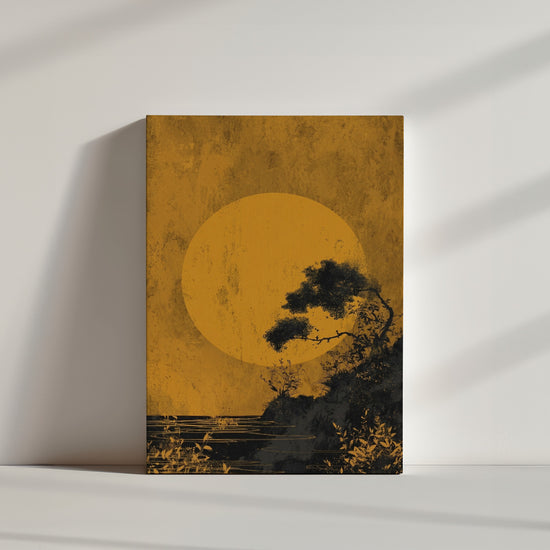 Wabi-sabi Japanese print featuring a gold sun and pine silhouette, zen home decor