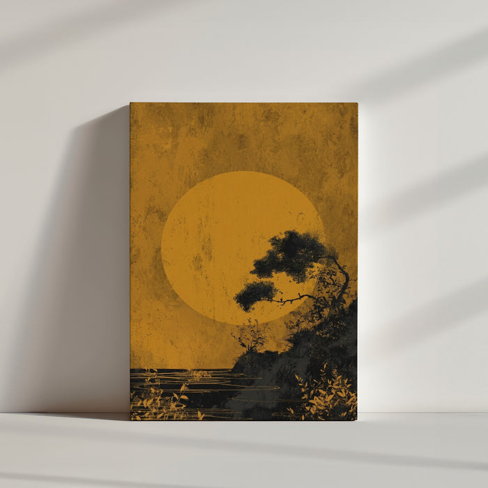 Wabi-sabi Japanese print featuring a gold sun and pine silhouette, zen home decor