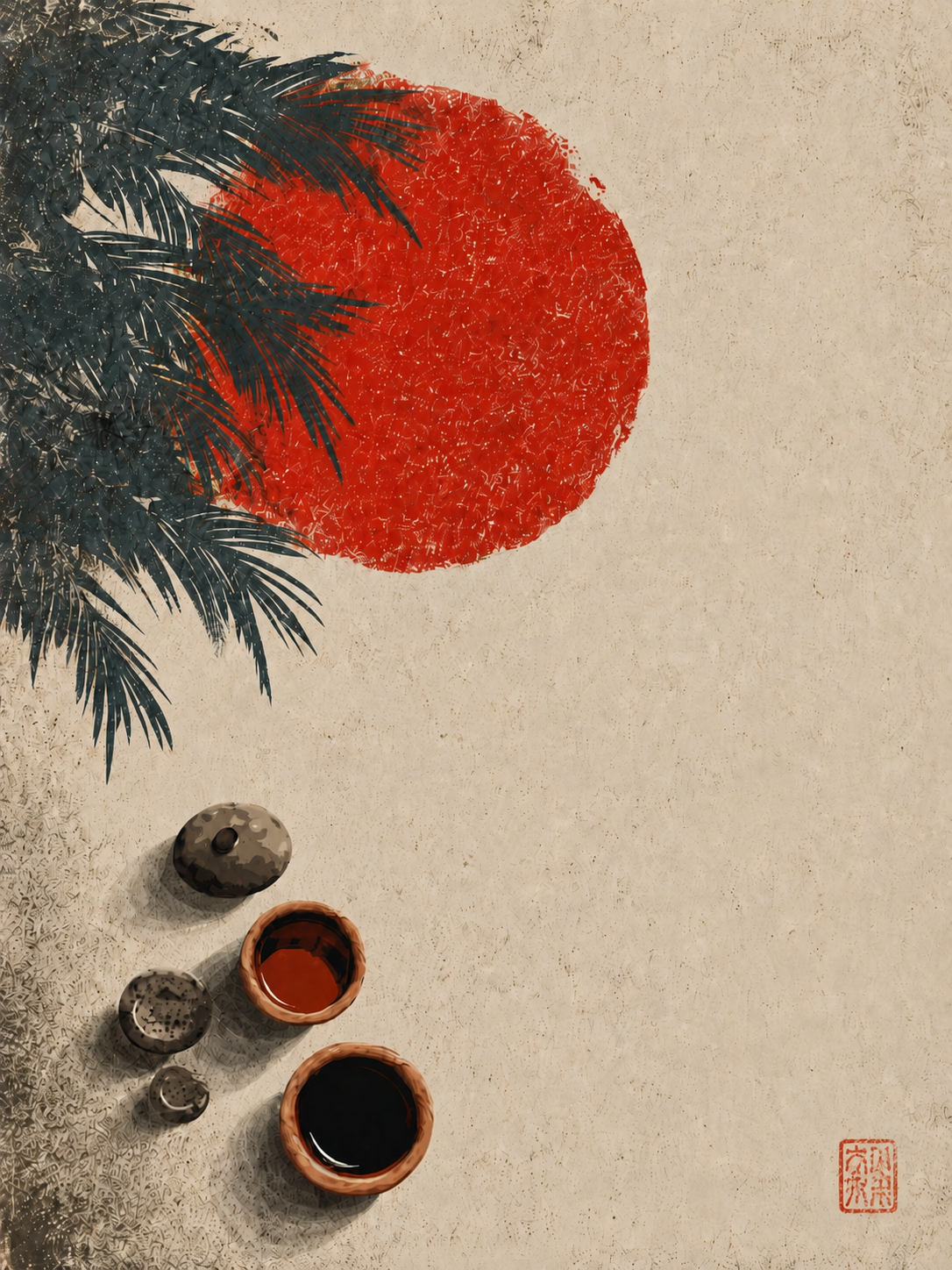 Tableau japonais Cérémonie du thé - Soleil rouge et branches de pin zen