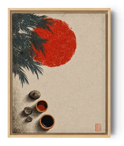 Tableau japonais soleil rouge et branches de pin, bols de thé et pierres zen sur fond beige texturé