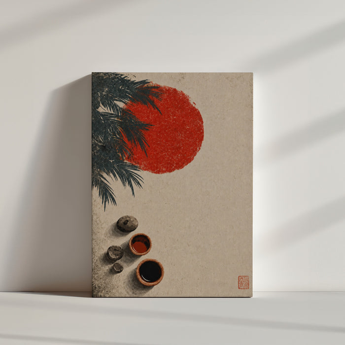 Tableau japonais soleil rouge et branches de pin zen, ambiance minimaliste épurée mur blanc