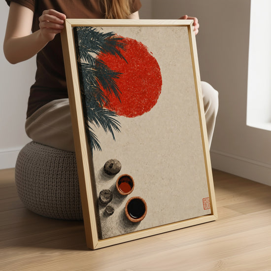 Tableau japonais soleil rouge et branches de pin zen décoration salon moderne cadre bois naturel