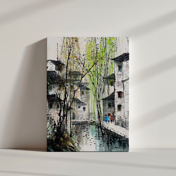 Tableau japonais village traditionnel saules pleureurs vert anis encre aquarelle présentation toile sol