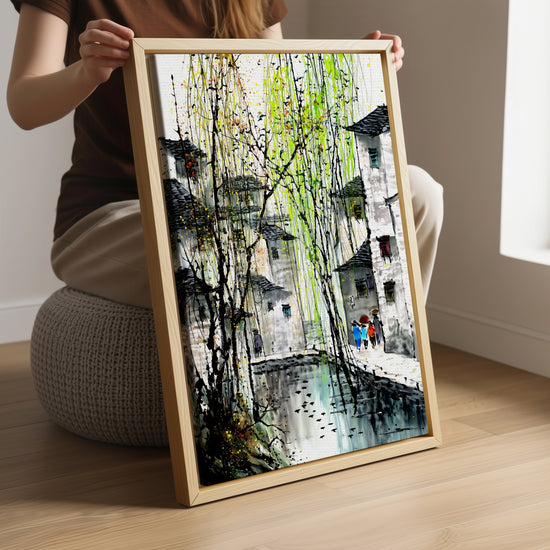 Tableau japonais village traditionnel saules pleureurs vert anis encre aquarelle décoration salon zen