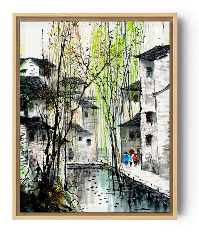 Traditional Japanese village painting with weeping willow, fresh green tones, ink and watercolor artwork