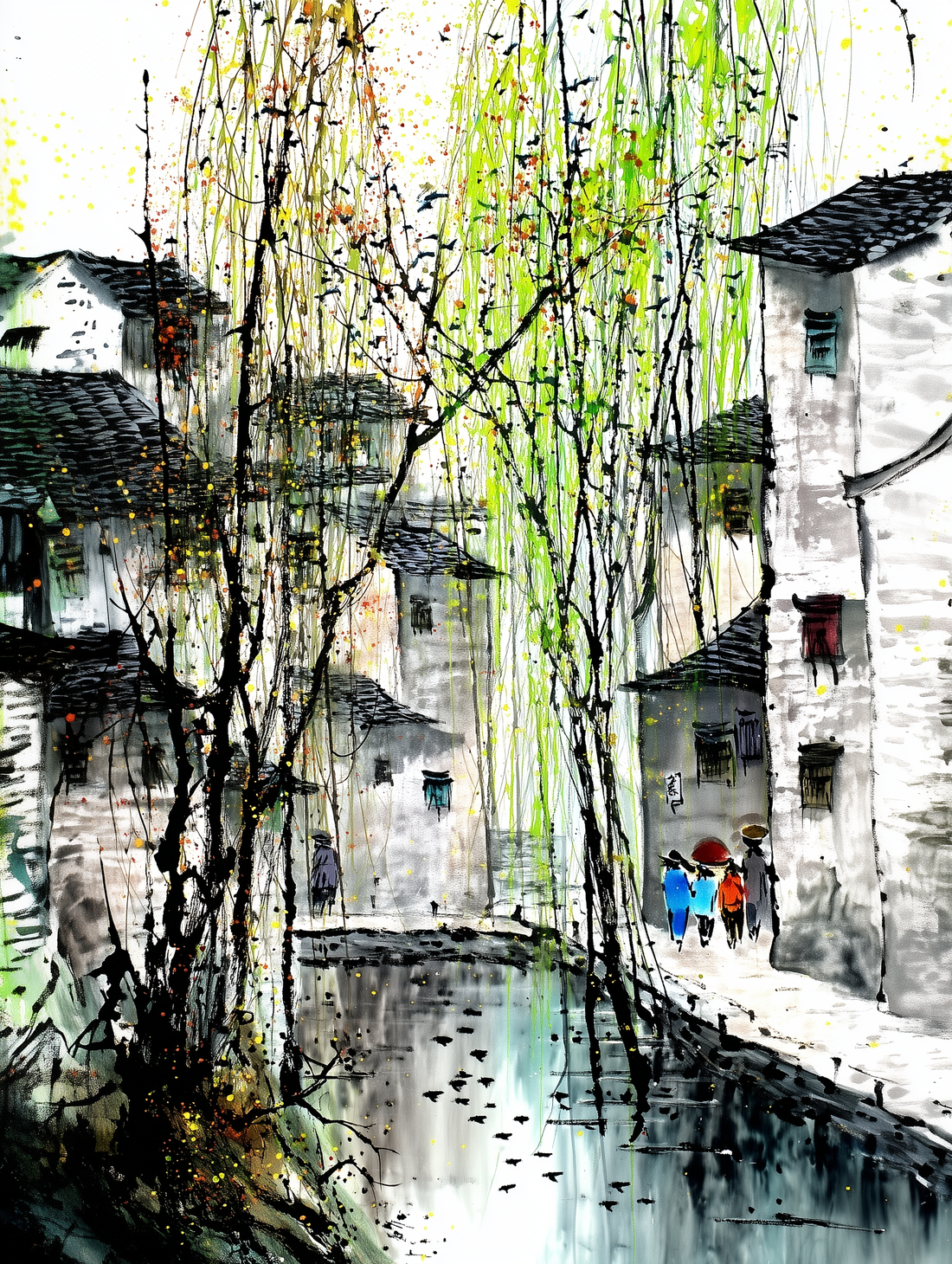 Tableau japonais Village ancestral - Saule pleureur et sérénité aquatique