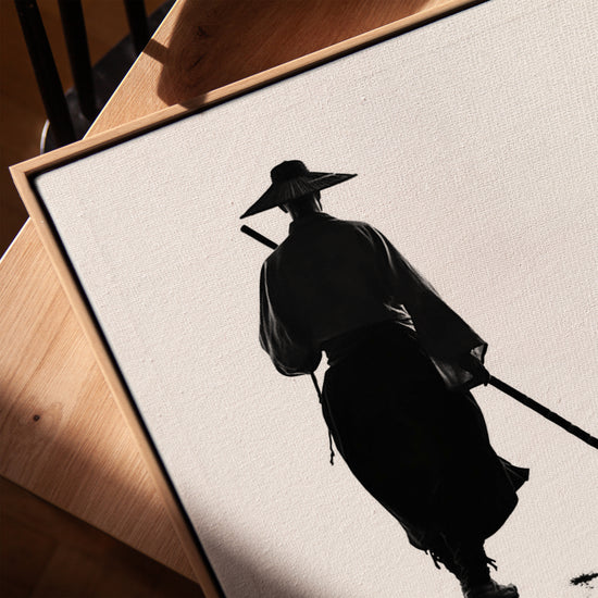 Black and white Zen samurai silhouette canvas — minimalist living room wall art