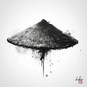 Traditional Asian hat in black and white against an ink-splashed background.