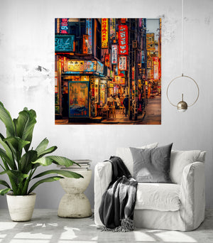 Japanese Alley Wall Art enhancing the elegance of a living room with a white chair and green plant