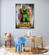 Tableau de jeu vidéo Minecraft avec Creeper vert sur fond éclaboussé, ambiance ludique et colorée dans une chambre d'enfant