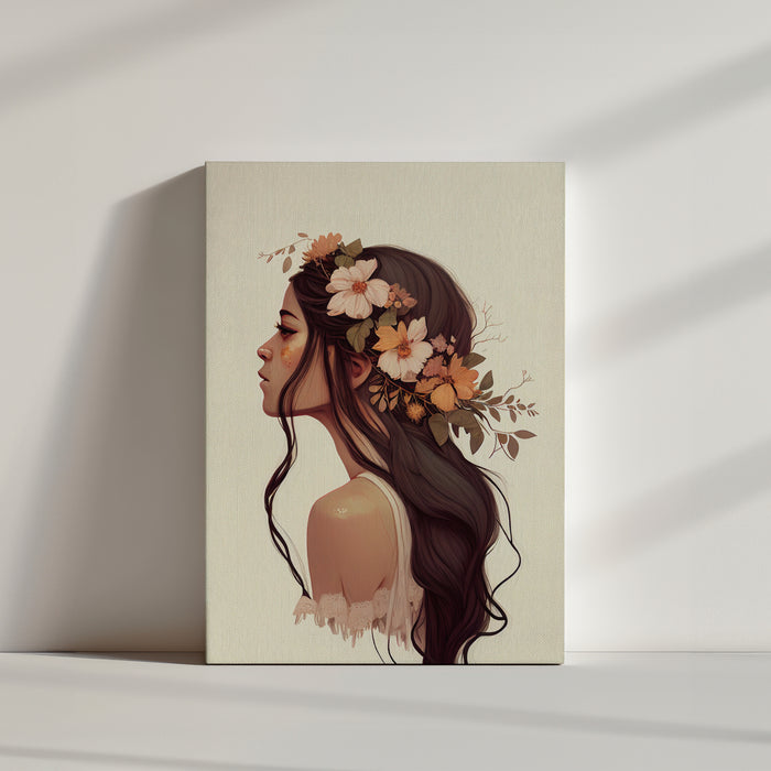 Tableau d’une jeune fille avec fleurs dans les cheveux, couleurs pastelles