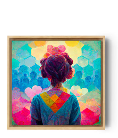 Farbenfrohes Wohnzimmer-Wandbild. Dargestellt ist ein junges Mädchen, dessen Blick von Güte und Positivität erfüllt ist. Sie scheint die Welt als einen wunderbaren Ort zu sehen, voller Möglichkeiten und Farben. Gelb, Rosa, Blau und Grün vermischen sich harmonisch zu einer leuchtenden und einladenden Welt. Menschliche Gestalten in der Ferne scheinen von Güte erfüllt zu sein. Eine utopische und optimistische Weltsicht, wie wir sie als Kinder hatten