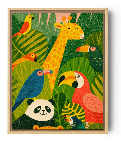Lebendige Illustration exotischer Tiere in einem bunten Dschungel, naiver Stil, ideal für ein Kinderzimmer