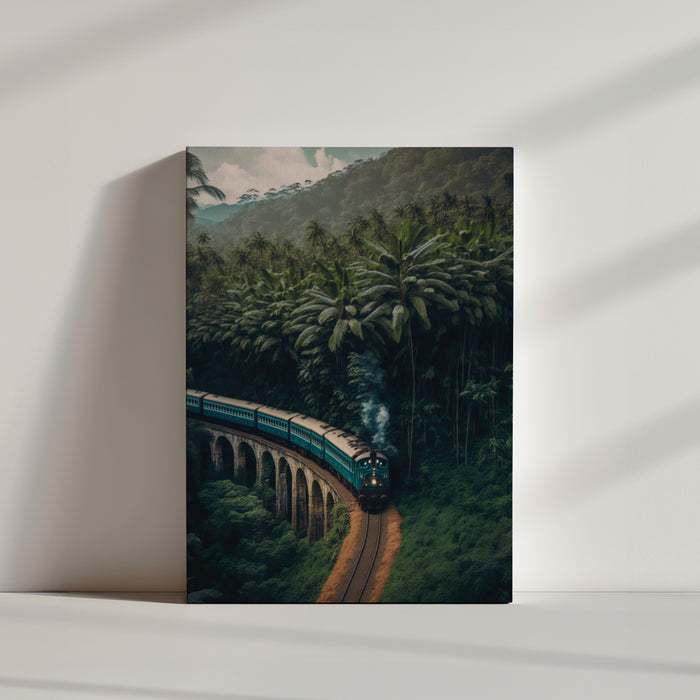 Dense tropical rainforest with a train cutting through — poster wall decor