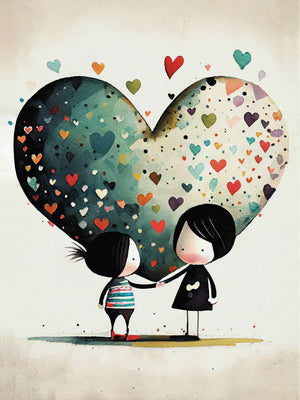 Art of 2 sisters holding hands with hearts