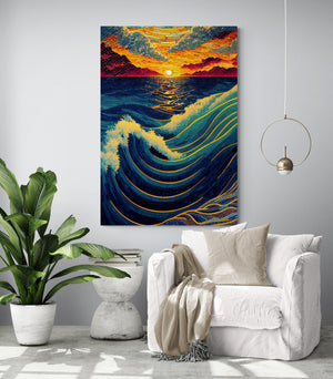 XXXL canvas of the sea with sunset inspired by 'The Wave' in a zen and warm white living room