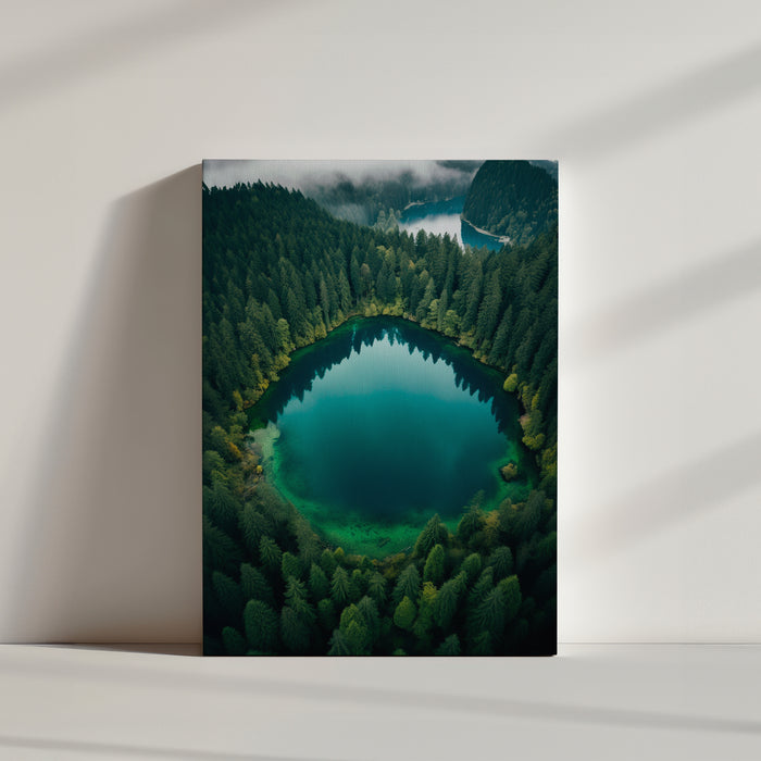 magnifique photographie aérienne d'un lac turquoise en forme de cercle, entouré d'une dense forêt d'arbres verts. Les eaux calmes du lac reflètent les arbres et le ciel, créant un miroir naturel
