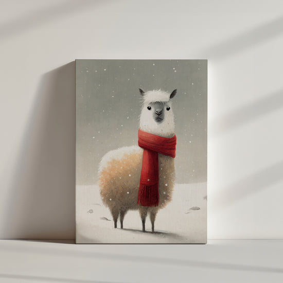 Tableau lama blanc d'alpaga dans un paysage enneigé avec une écharpe rouge pour une chambre d'enfant
