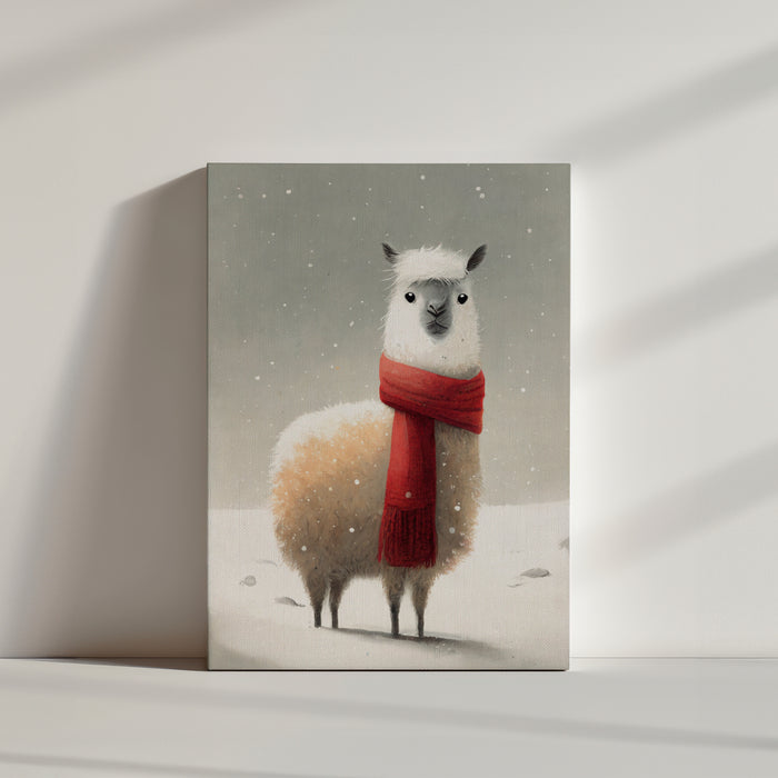 Tableau lama blanc d'alpaga dans un paysage enneigé avec une écharpe rouge pour une chambre d'enfant