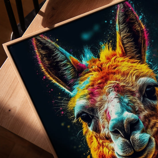 Tableau lama portrait coloré sur toile pour salon cadre chêne doré