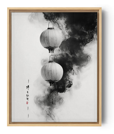 Tableau vertical photographie noir et blanc avec deux lanternes japonaises et nuages d'encre