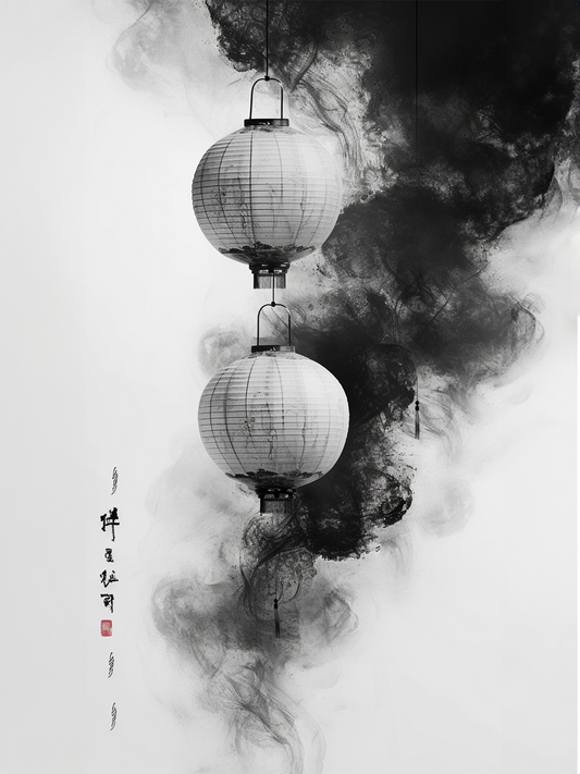 Tableau vertical  photographie noir et blanc avec deux lanternes japonaises et nuages d'encre
