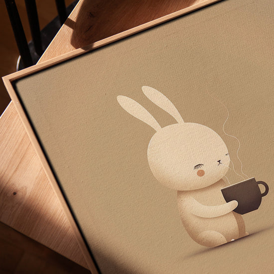 Cute bunny drinking hot chocolate wall art for minimalist kitchen decor
