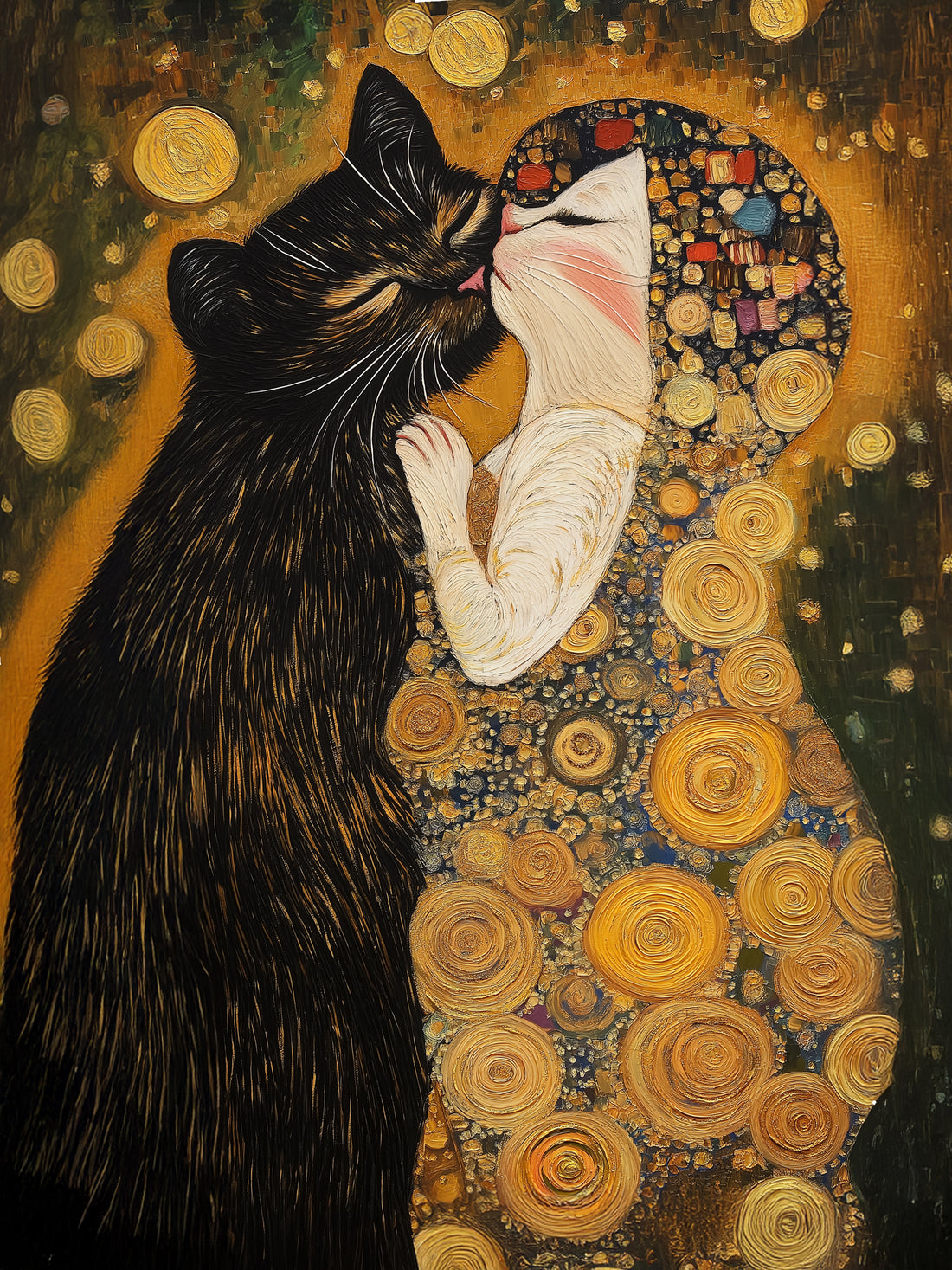 Klimt-Inspired Cat Canvas Wall Art - Golden Embrace Duo