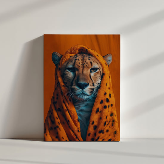 tableau léopard énigmatique, drapé de taches, sur fond orange.