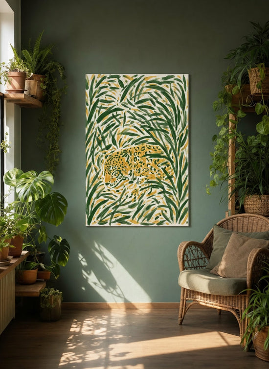 Tableau sur toile léopard jaune feuillage tropical vert décoration murale jungle exotique
