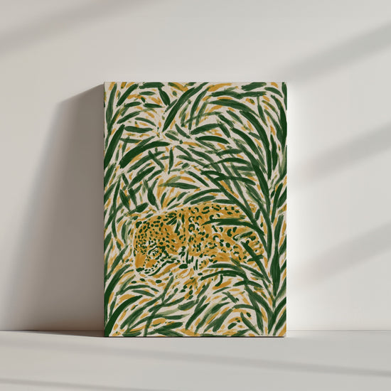 Tableau sur toile léopard jaune feuillage vert tropical décoration murale ambiance minimaliste
