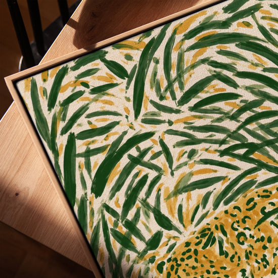 Tableau sur toile léopard camouflé jungle verte dorée pour décoration salon moderne texture chêne