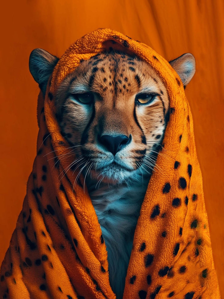 tableau léopard énigmatique, drapé de taches, sur fond orange.
